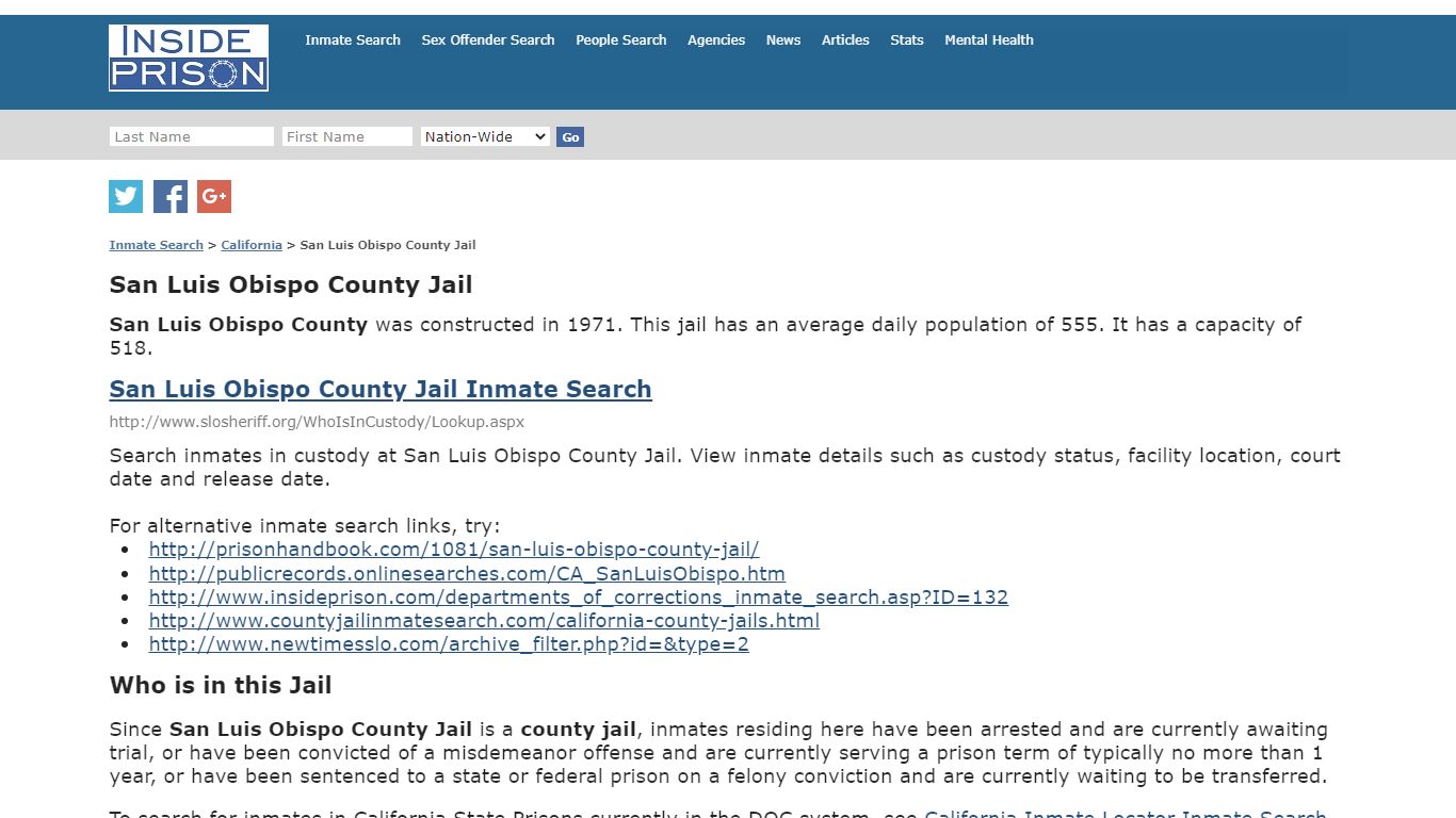 San Luis Obispo County Jail - California - Inmate Search - Inside Prison